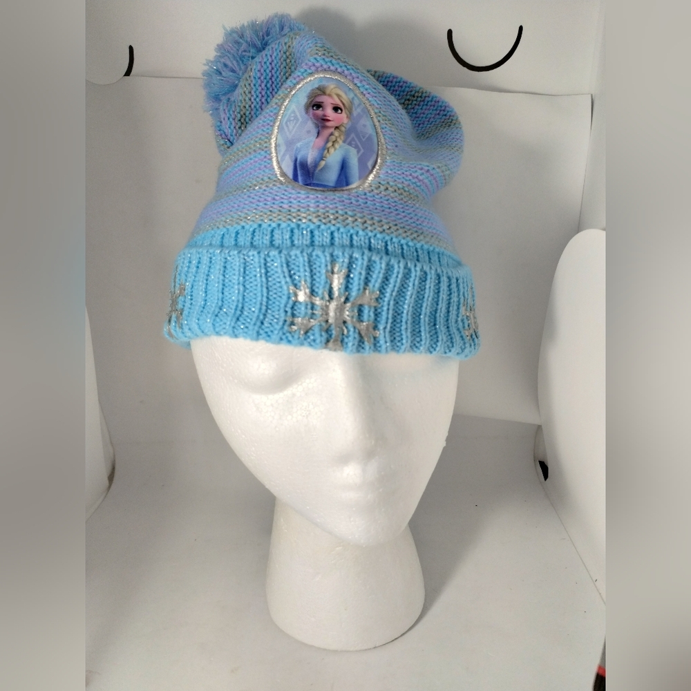 Frozen Elsa Disney Beanie With Pom Pom Snow Flakes Blue Youth Girls One Size